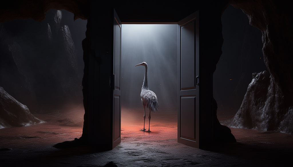 A stork walking through an open doorway.