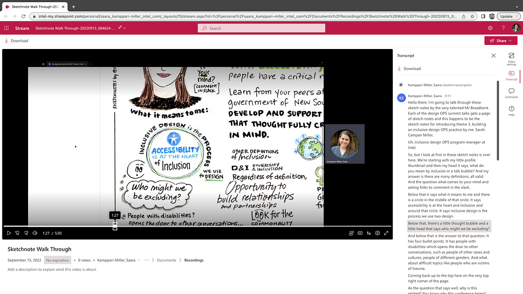 Screenshot of a meeting video recording showing a zoomed in section of a sketchnote and the automatic transcript panel.