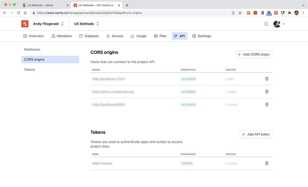 Sanity Admin CORS origins administration panel showing security-obscured authorized origins and the add origin button