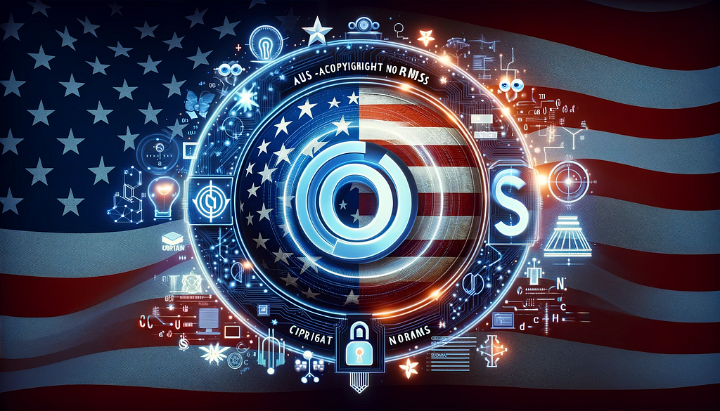 This image features copyright symbols, the American flag, and digital elements representing AI such as code and algorithms, emphasizing the relationship between AI innovation and US copyright laws. SEO Alt Text: “US AI Copyright Norms concept with American flag and AI symbols.