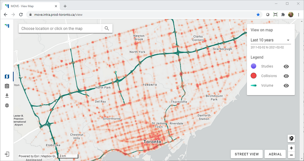 A screenshot of MOVE in a web browser, including a heatmap of the City of Toronto with collision hotspots and areas of high traffic volume identified. The tool also has a search bar, a legend (showing years of data, and an option to toggle layers on and off), and generic map control functions.