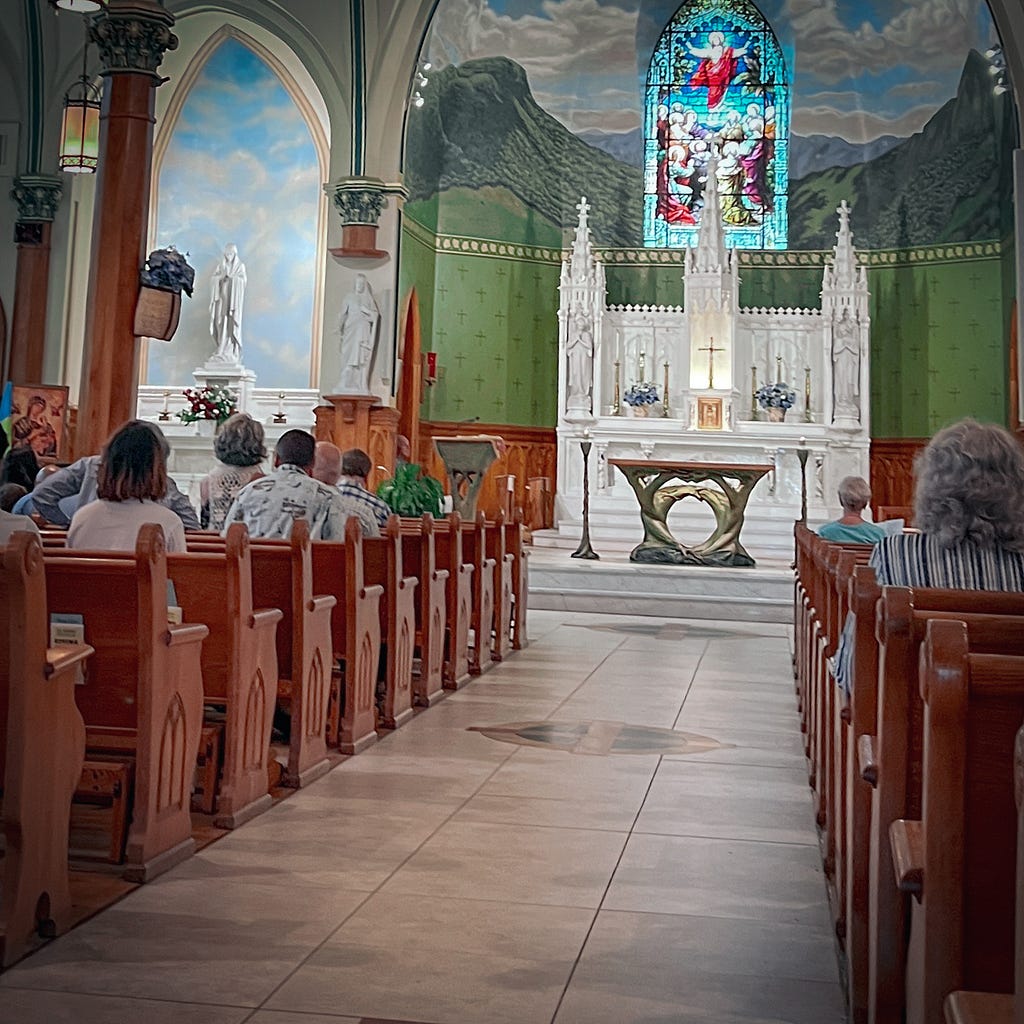 Vintage picture of people in church pews and empty altar