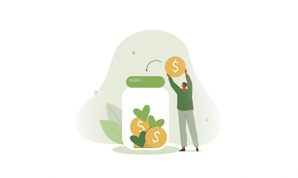 Illustration of a person putting money and hearts in a jar.