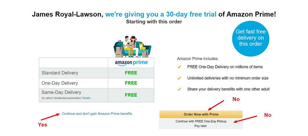 Screenshot of Amazon’s offer of Amazon Prime free trial in exchange for free delivery.