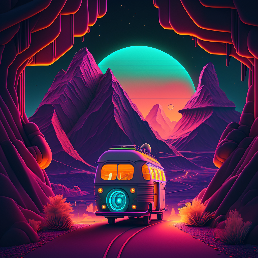 A camper van on an adventure in a futuristic desert