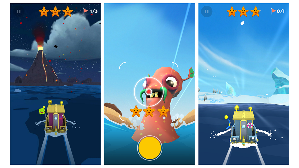 Screenshots of Sea Hero Quest from Google Play. The left image shows a boat steering across the ocean toward an erupting volcano at night, the center features a sea monster encounter during gameplay, and the right shows the boat navigating icy waters surrounded by glaciers and snow.