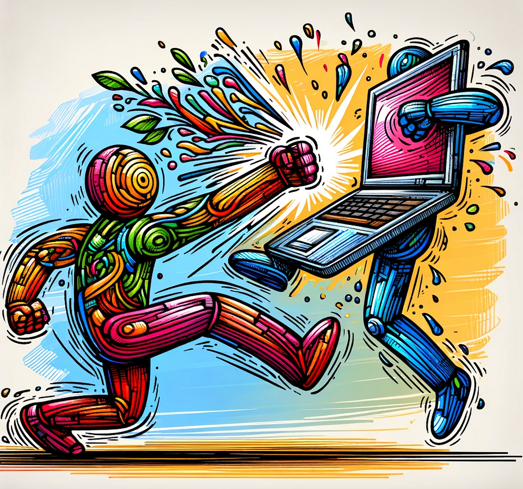 A colorful and playful doodle depicting a person fighting a laptop, enhancing the previous whimsical style with vibrant colors. The scene maintains the exaggerated features for both the person and the laptop, now with the laptop showing cartoonish arms and legs, engaged in a mock battle with the person. The person is drawn in a dynamic pose, perhaps mid-motion, with a lighthearted expression of mock challenge or surprise.