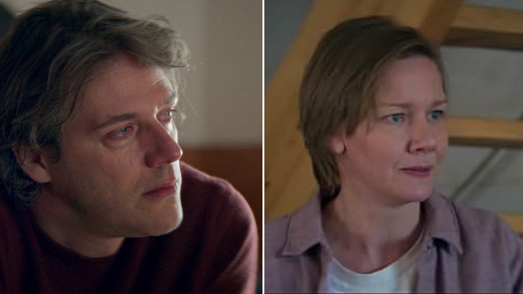 This image has two pictures from the movie Anatomie d’une chute. On the left is a picture of Samuel Theis as Samuel Maleski. He is wearing a red t-shirt, and he looks sad with tears in his eyes. On the right is Sandra Huller as Sandra Voyter. She is wearing a pale pink jacket and a white top.