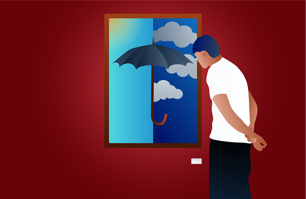 A man looking outside through the window to determine whether he needs an umbrella or not before going out.