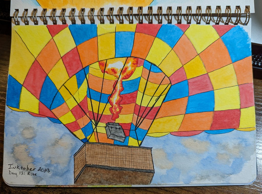 A painting of a hot air balloon taken from below and looking up into the balloon and its flame. Painted for the prompt “rise.”