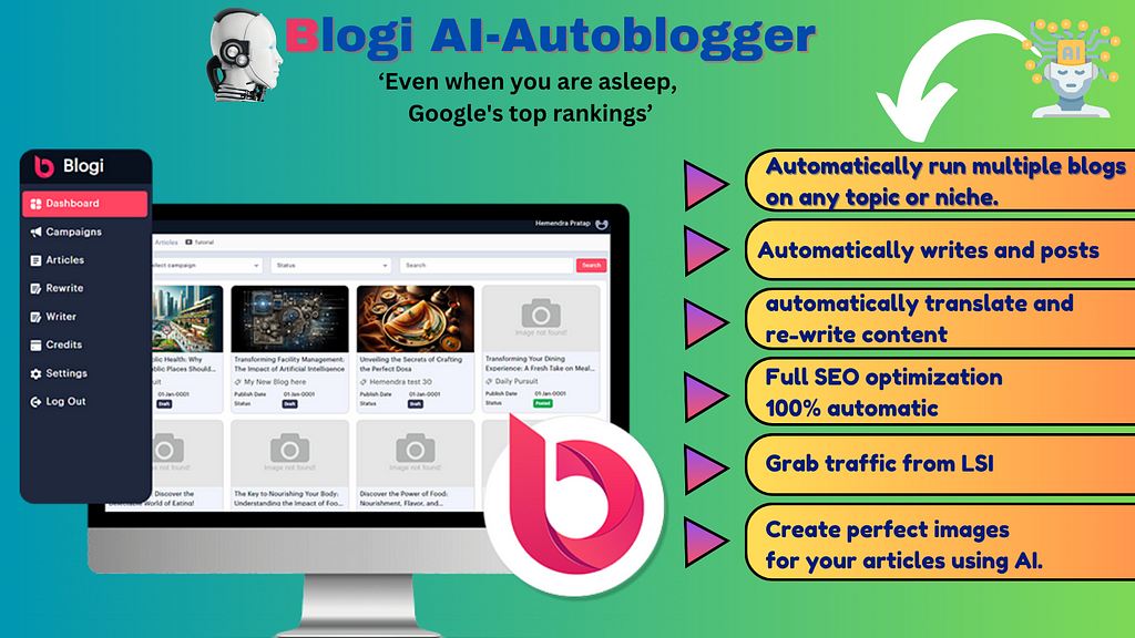 — — [Review]Blogi AI — Autoblogger Advanced Get More Traffic From Search (Lina Oliva Review) Blogi AI Review-Autoposts To Your Blog — Automatically post articles to your blog with full SEO optimization.Autocreates Graphics — Automatically creates illustrations and infographics to post with your blog articles. Rank Your Sites Higher & Get More Traffic From Search With Our New Smart AI WriterTechnology (That Google Loves)!Introducing The First Multi-AI Smart Writer That Creates Human-Like Unique
