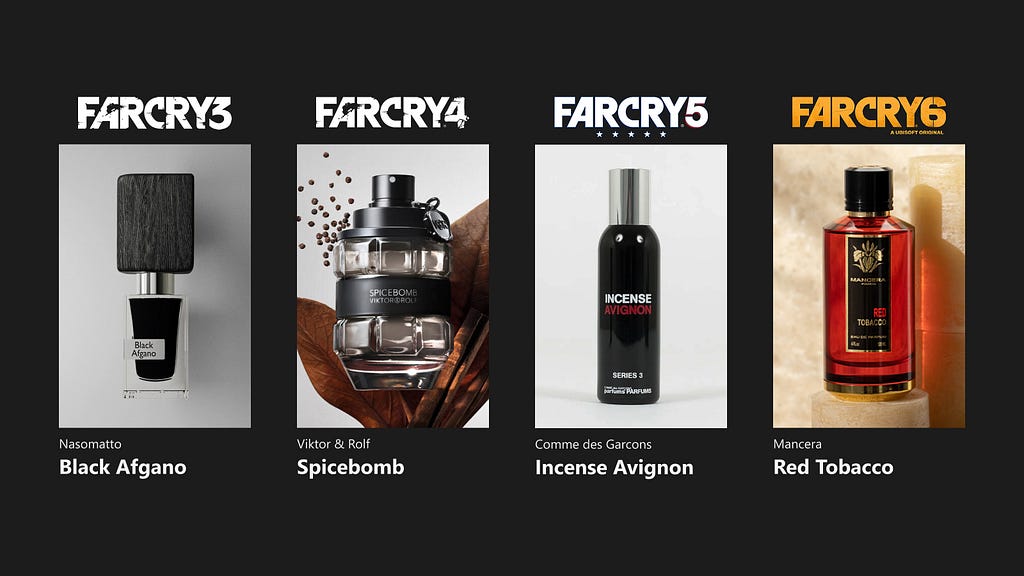 Farcry 3- Nasomatto Black Afgano, Farcry 4- Viktor&Rolf Spicebomb, Farcry 5-Comme Des Garçons — Avignon, Farcry 6- Mancera Red Tobacco