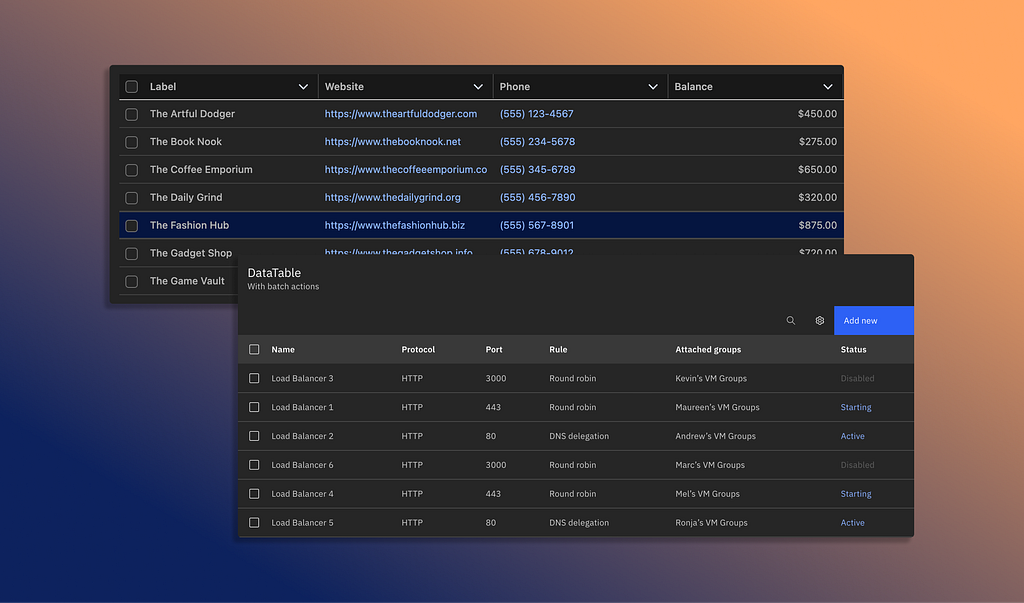 Example data tables from IBM Carbon and Salesforce Lightning design systems