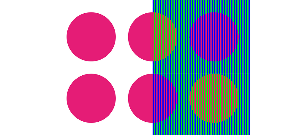 Six pink discs. Alternating blue and green vertical stripes make them appear either purple or yellow.