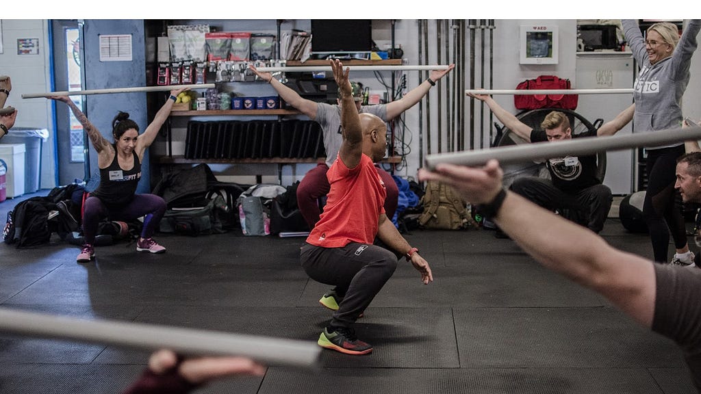 Crossfit coach leading class in overhead squats