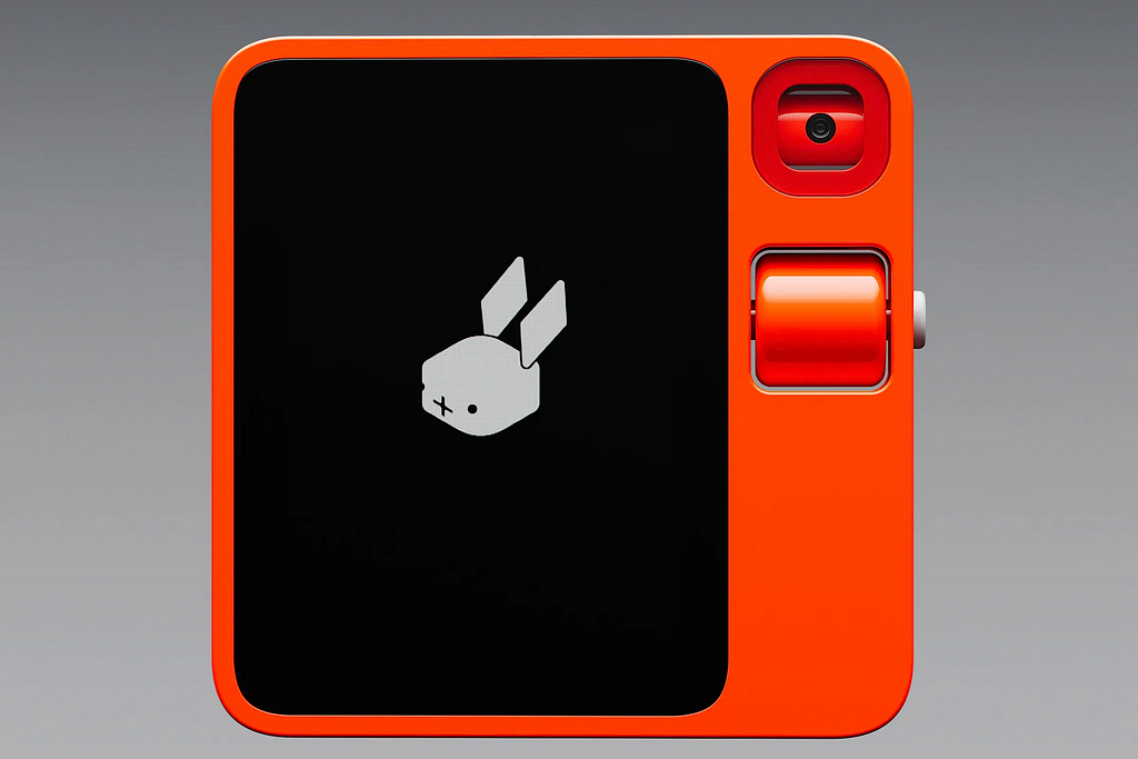 Rendering of Rabbit R1 device. Orange with black screen showing white rabbit icon.
