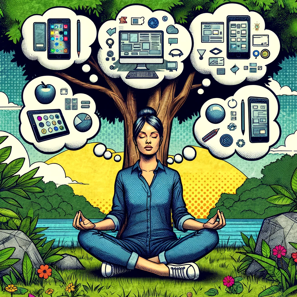 A woman sitting under a tree in a meditation pose with thought bubbles of digital design ideas above her.