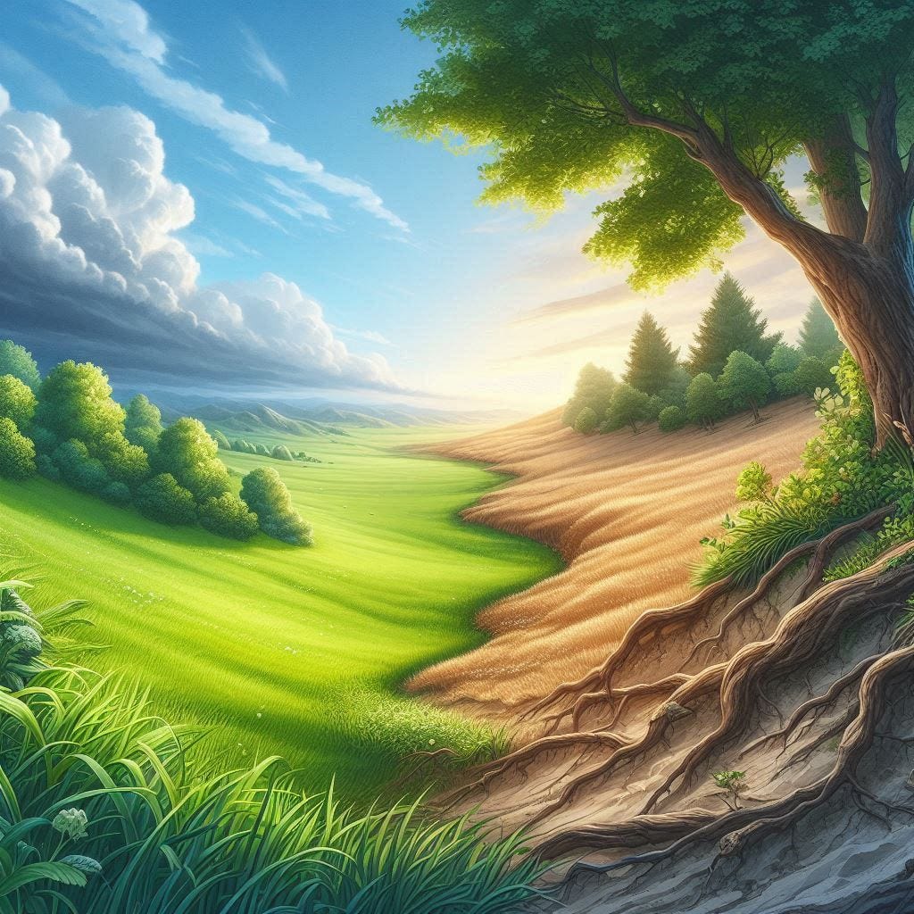 A picturesque landscape transitioning from a lush, green meadow on the left to a dry field on the right. The image captures the contrast between the lush and dry sides of nature.