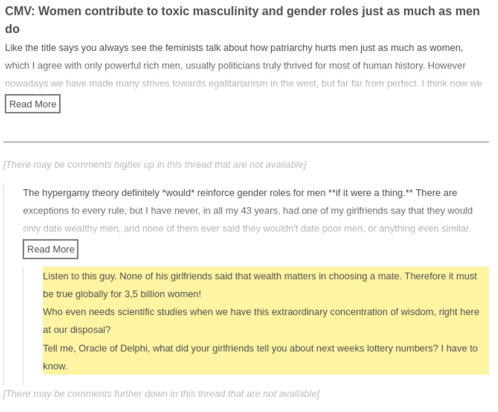 A recreation of a comment previously posted for survey-takers to readjudicate over. The title of the post associated with the comment appears at the top, followed by the post body. A horizontal line separates the post from the comment text. The main comment text is highlighted in yellow and appears nested below a comment to which its replying. Both comments are nested below the post.