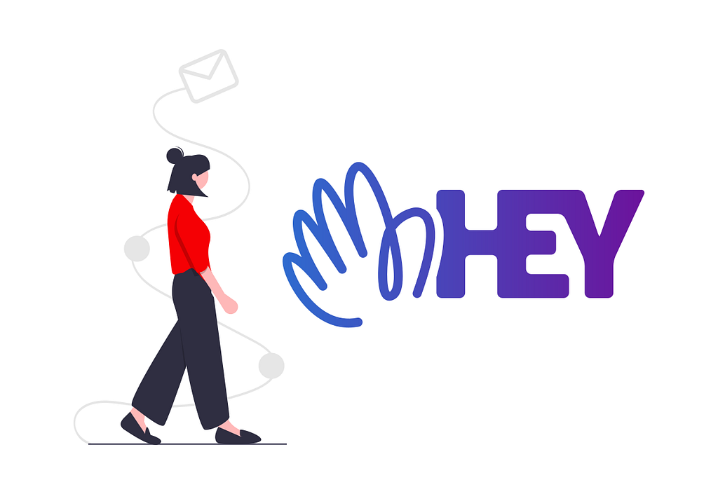 Illustration of a girl standing and “HEY” written on the right.