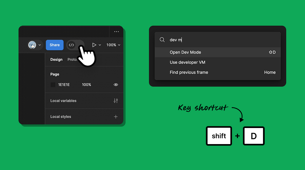 Dev mode found with toggle, search and key shortcut in Figma.