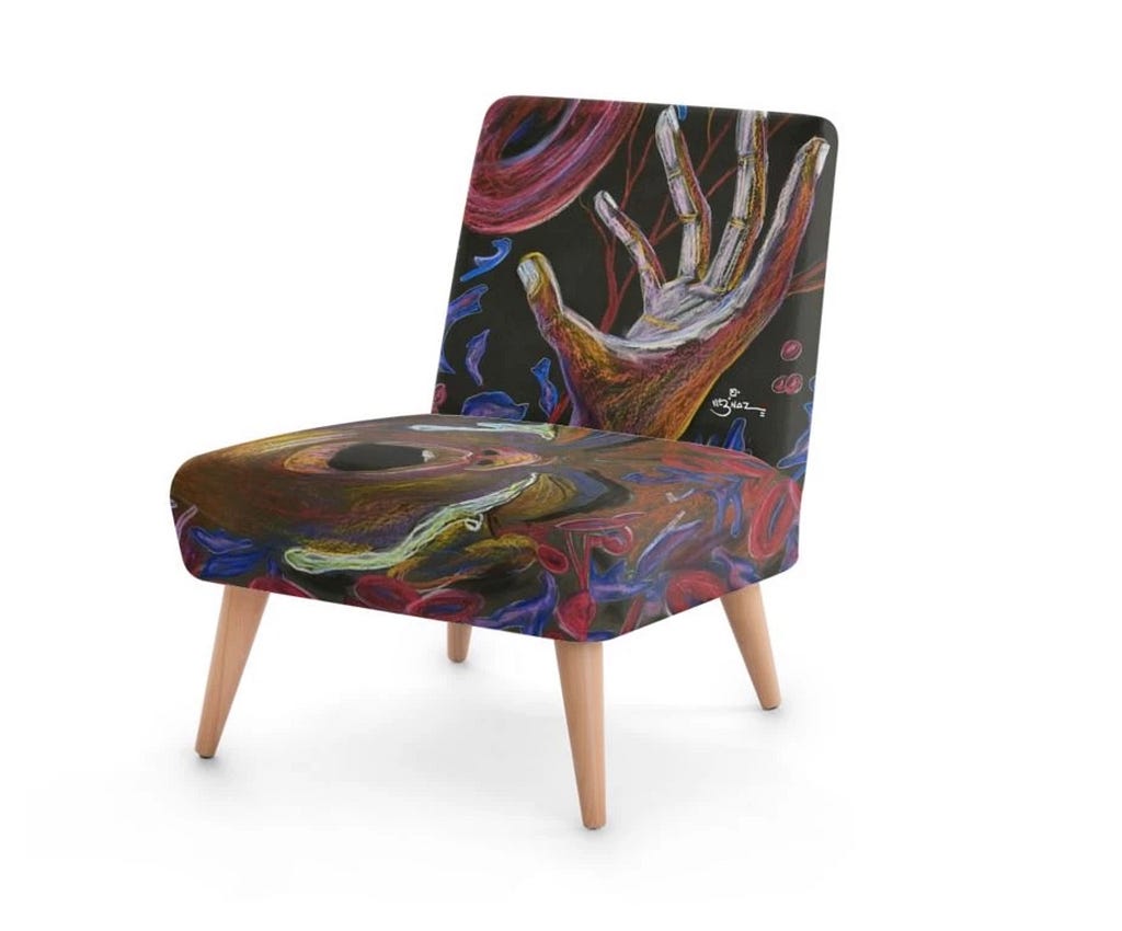 Modern styled chair covered with a painting by Hertz Nazaire that shows a hand reaching towards a red blood cell