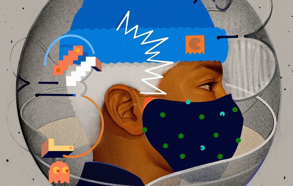 Retro-styled illustration of the face of a male turned to the left and wearing a face mask