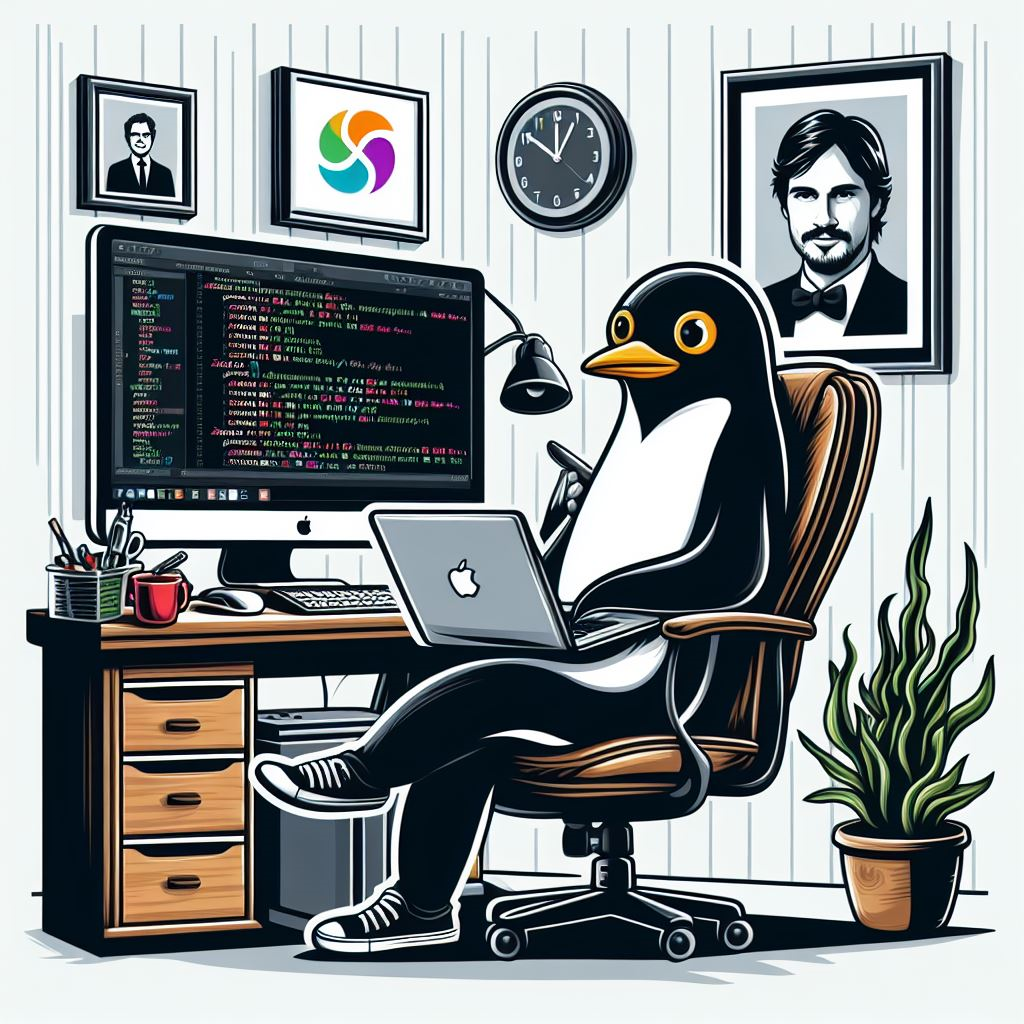 Penguin sitting on a chair staring at iMac and debugging Swift compiler under Linux with SJ portrait behind on a wall