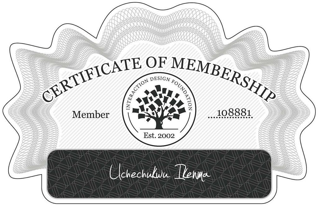 My certificate of membership from The Interaction Design Foundation