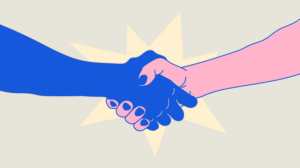 An abstract, colourful illustration of a handshake