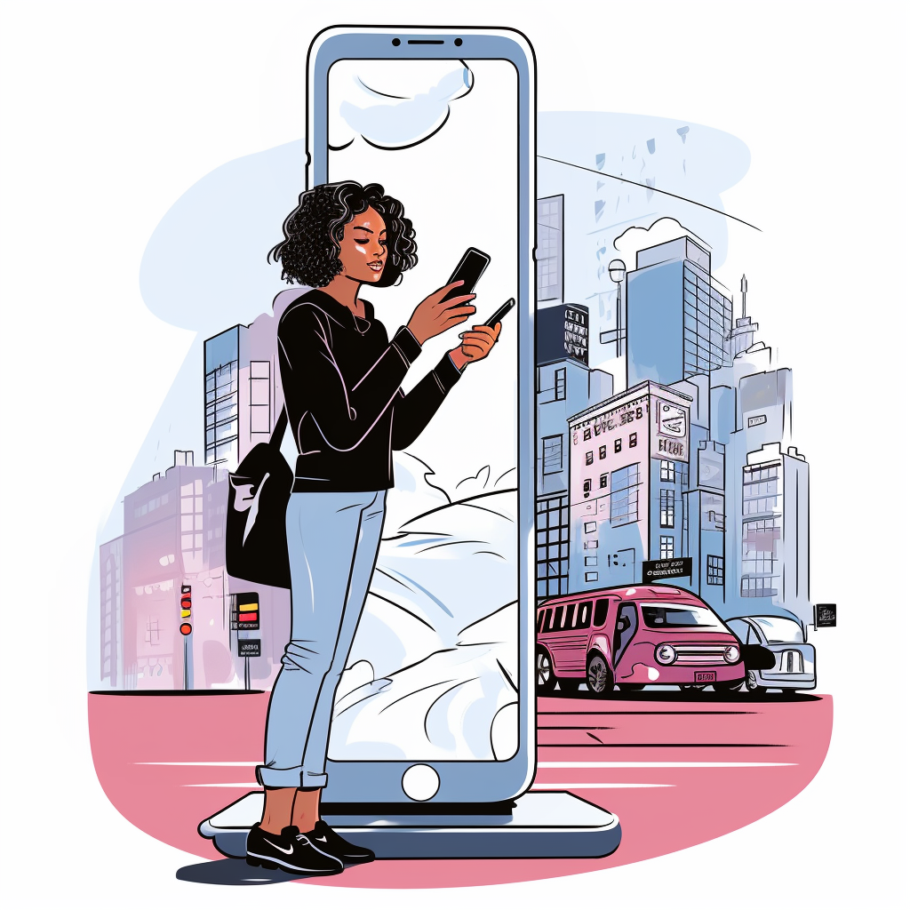 An illustration of a woman holding a phone against the backdrop of a city.