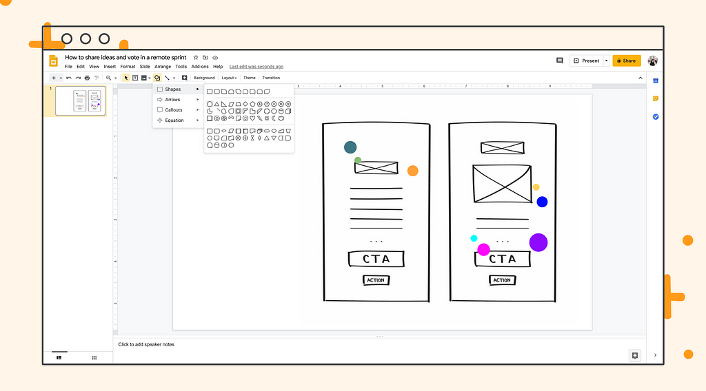 Using Google Slides to share sketches and dot vote.