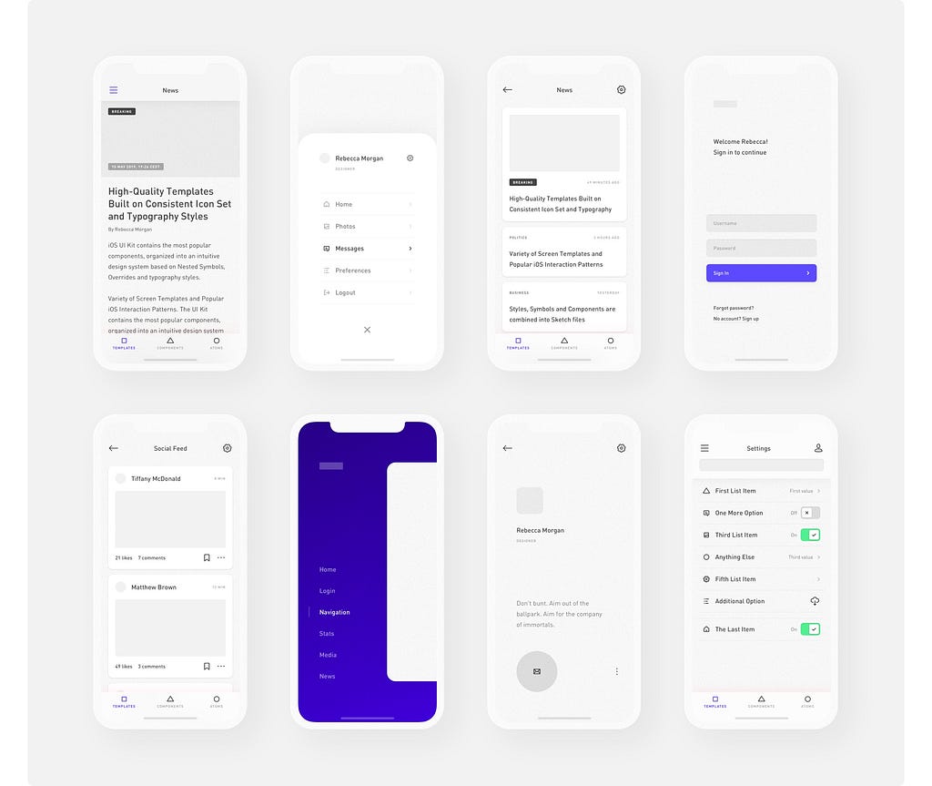 Eight iPhone mockups presenting the basic Yolk templates with the visual details applied