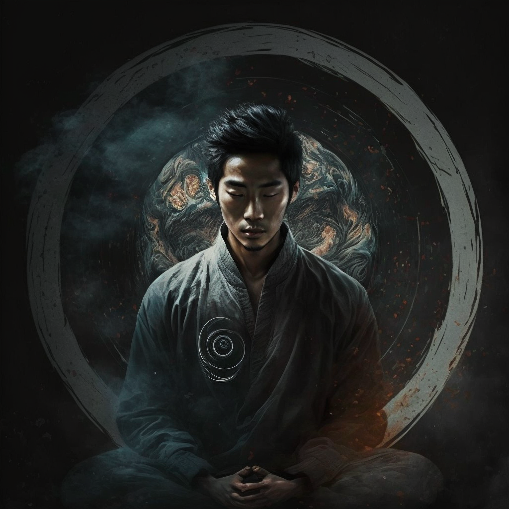 A young man, staying clam, meditating and finding himself. Understand the flow of Yin & Yang.
