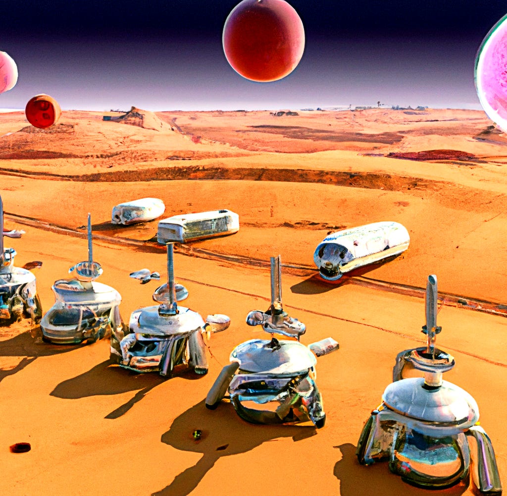 Illustration of a space colony on Mars, with several buildings and a flag planted in the foreground