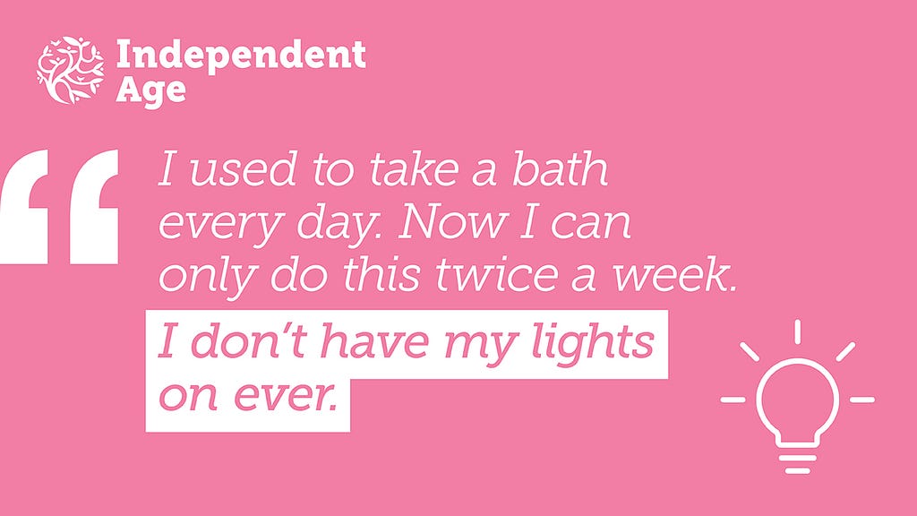 Pink graphic featuring a light bulb illustration. Text reads: I used to take a bath every day. Now I can only do this twice a week. I don’t have my lights on ever.