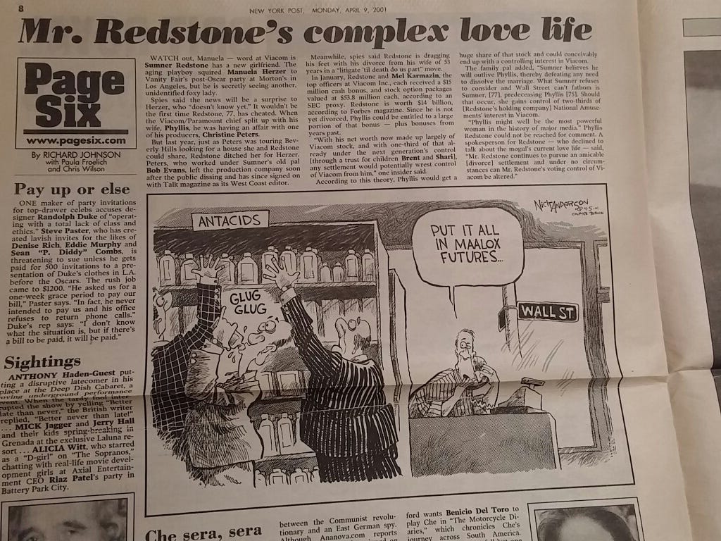 The New York Post’s Page Six column from April 9, 2001, entitled, “Mr. Redstone’s complex love life.”