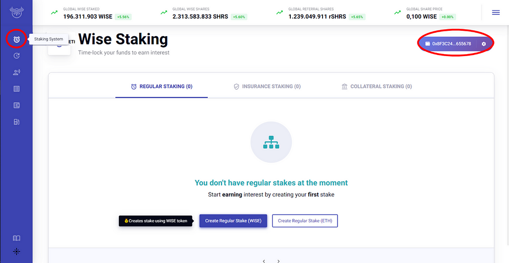 3. Click on Staking System — How to stake WISE Token