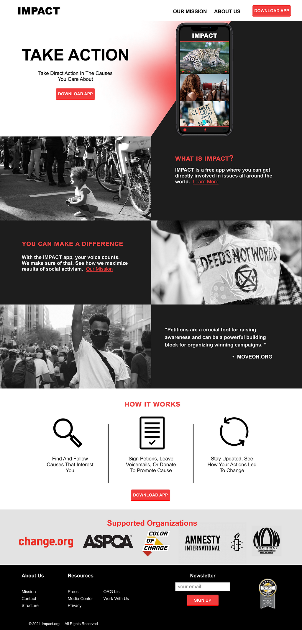 Landing page mockup of activism app called Impact