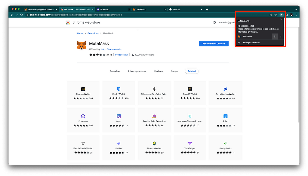 Pop-up window to pin the MetaMask extension to Chrome