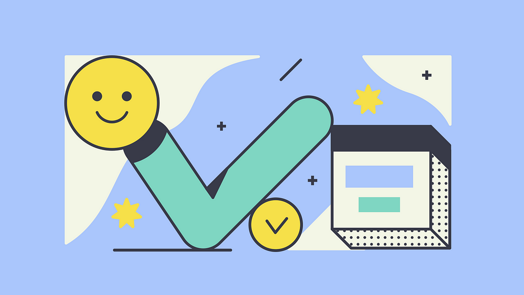 Abstract illustration with screens and checkmarks and smily face.