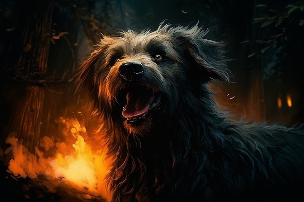 Scruffy dog with a crazed look surrounded by fire in a forest.