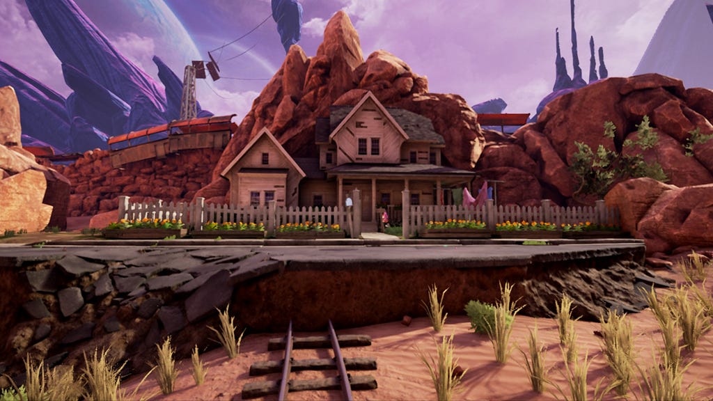 Screenshot from Obduction. There is a white house with a picket fence sitting on a large piece of asphalt in a desert.