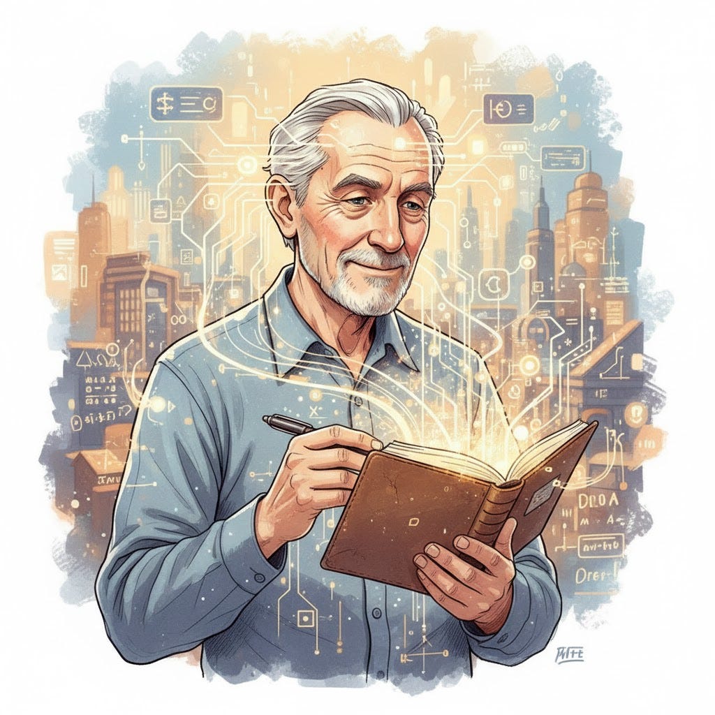 An illustration of Otto (from Chalmers and Clark’s Extended Mind paper) using his notebook.