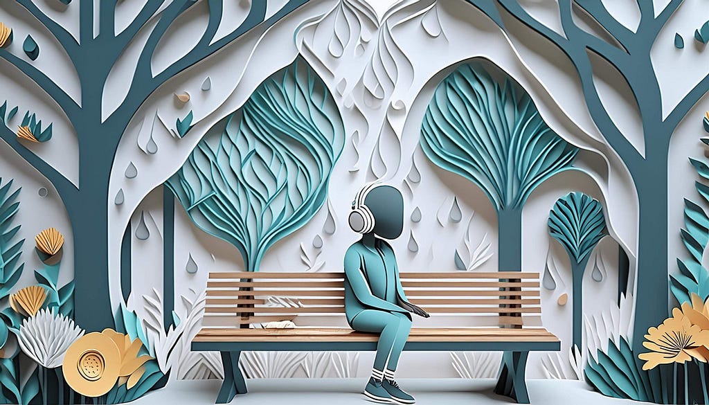 Stylized, paper-cut art scene featuring a person sitting on a wooden park bench. The figure is wearing headphones and a tracksuit, rendered in a minimalistic, faceless manner. Surrounding the bench are intricately designed trees and plants with layers of paper-like textures in shades of teal, white, and beige. Large leaves and raindrop shapes enhance the background, creating a serene, abstract nature setting. A feeling whimsy and tranquility, emphasizing peacefulness of the moment and sadness.