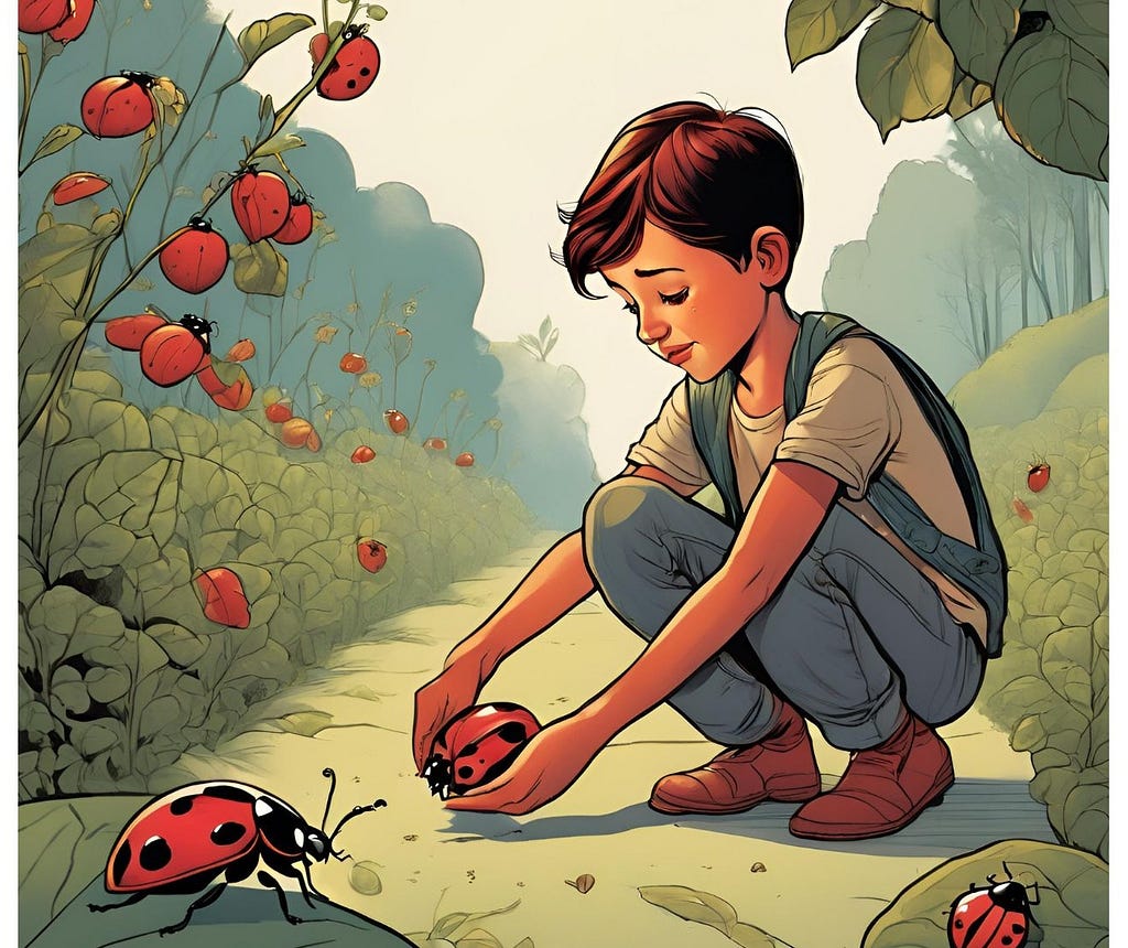 A boy gently picking up a ladybird. Image own.