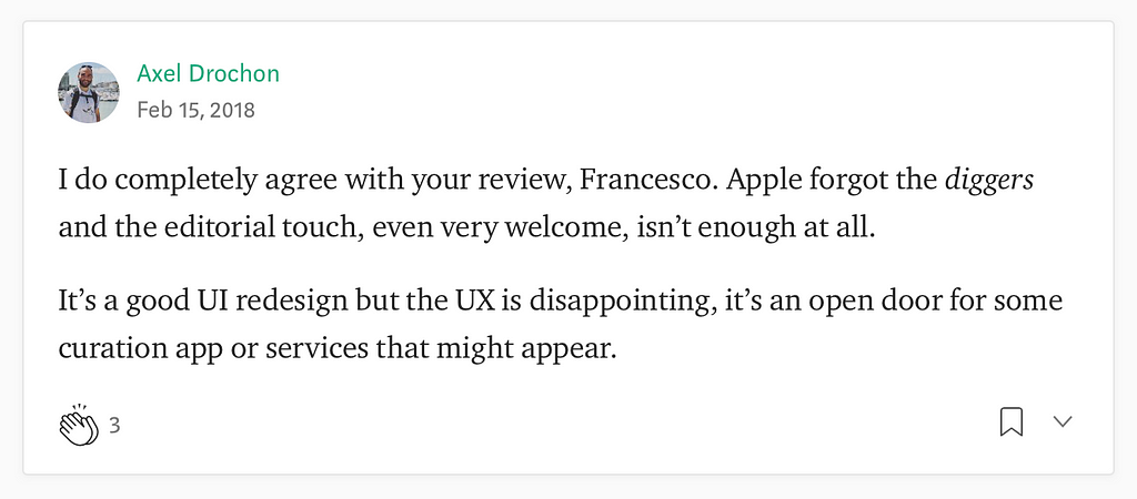 User’s feedback: “… Apple forgot the diggers and the editorial touch, even very welcome, isn’t enoght at all”.