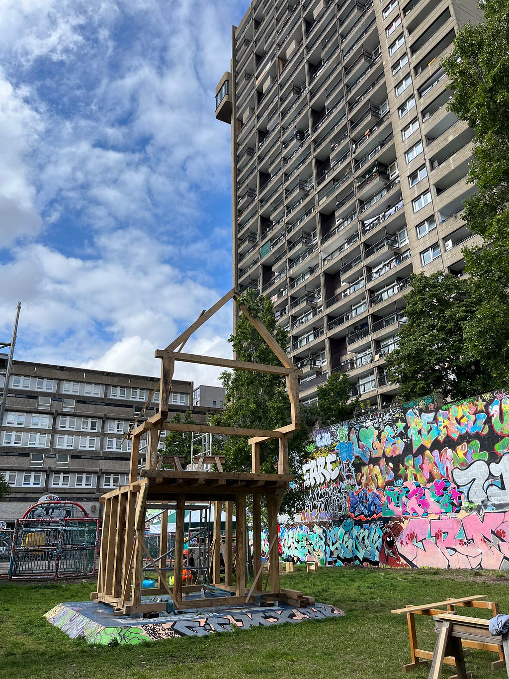 Goldfinger’s summer workshop results stand proud in front of Trellick Tower. CREDIT V Simpson