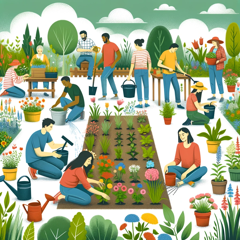 an illustration of a community garden scene, where people of various ages and backgrounds are collaboratively engaged in gardening activities. This image reflects the essence of collective effort and the importance of community connections in shared spaces.