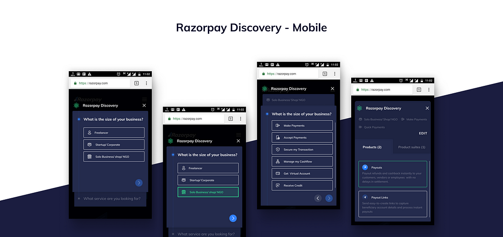 Image showcasing visuals of Razorpay discovery logic forms and product Navigation in mobile website